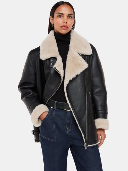 Whistles Faux Fur Aviator Biker Jacket, Black, Black
