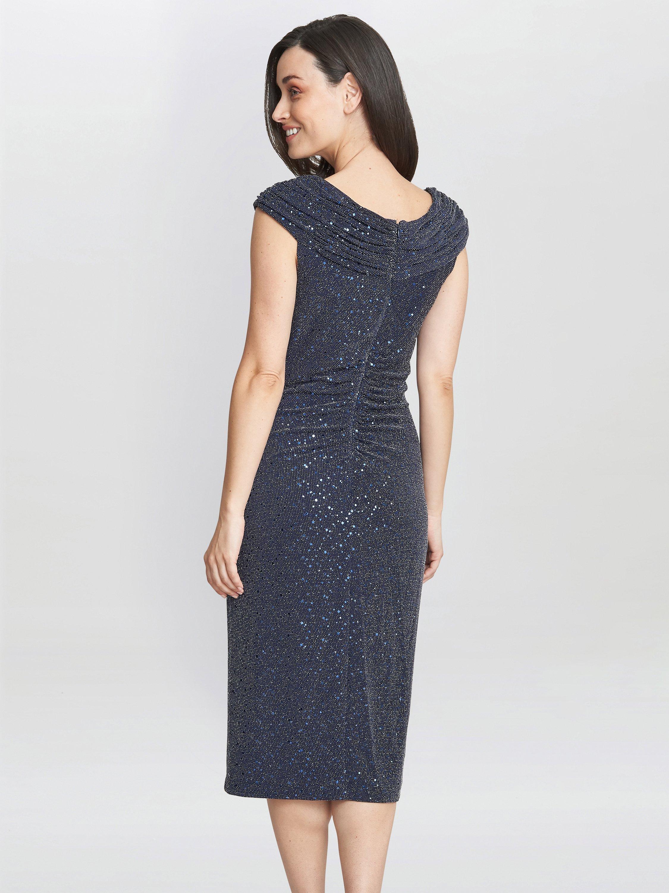 Product image 2 of 5, which shows Gina Bacconi Celia Metallic Sleeveless Dress, Navy/Silver, 18