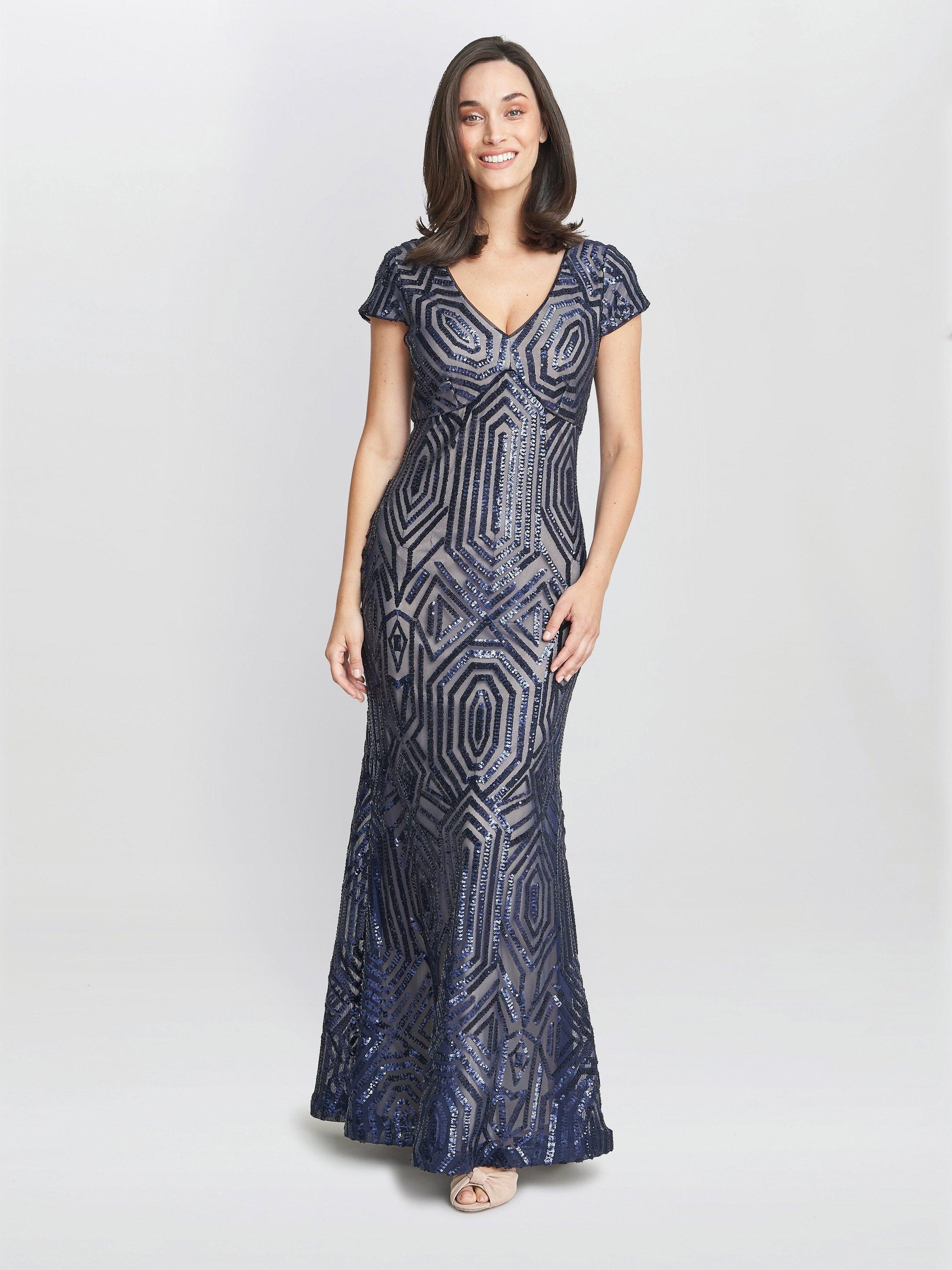 Product image 1 of 5, which shows Gina Bacconi Marcia Sequin Gown, Navy/Nude, 10