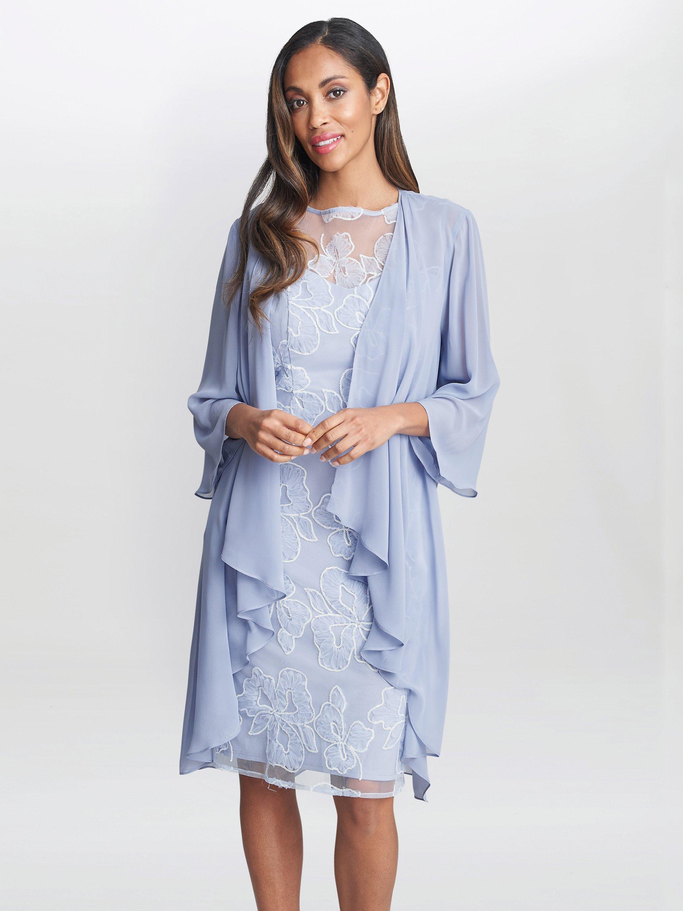 Gina Bacconi Elia Embroidered Dress with Chiffon Jacket Hydrangea