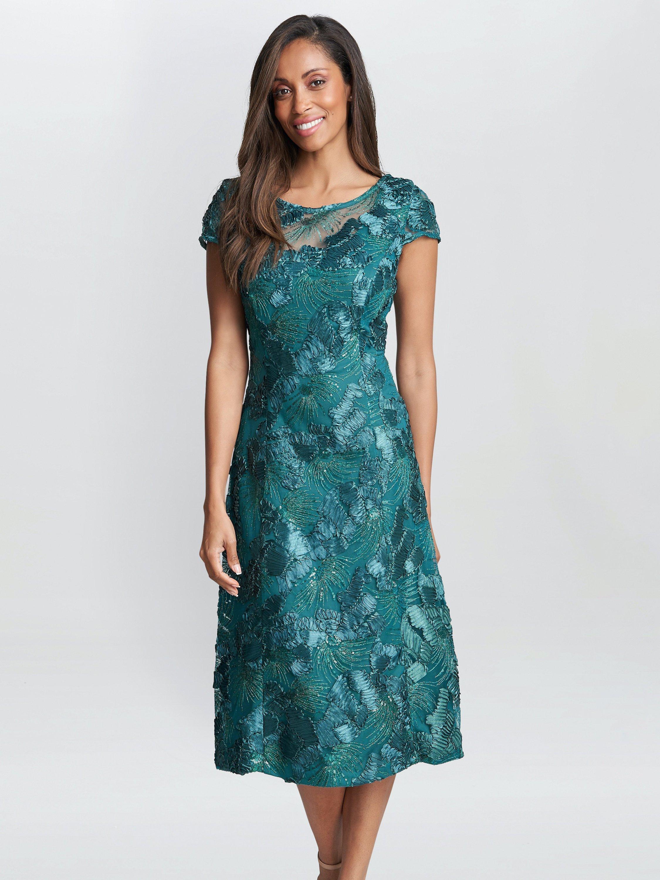 Gina Bacconi Abella Illusion Jewel Floral Dress, Emerald, 10