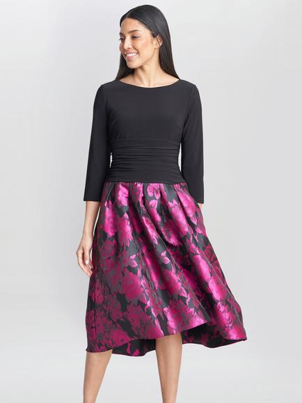 Gina Bacconi Hannah Floral Jacquard Midi Dress, Black/Pink, Black/Red