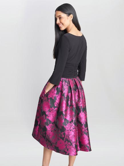Gina Bacconi Hannah Floral Jacquard Midi Dress, Black/Pink - view 2, Black/Red
