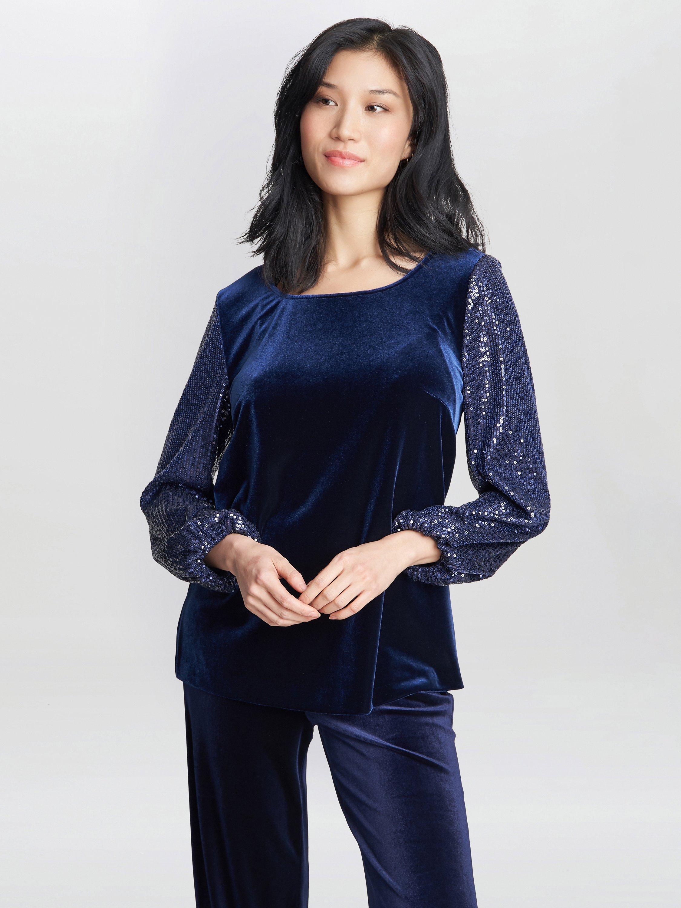 Gina Bacconi Ines Velvet & Sequin Blouse, Dark Navy