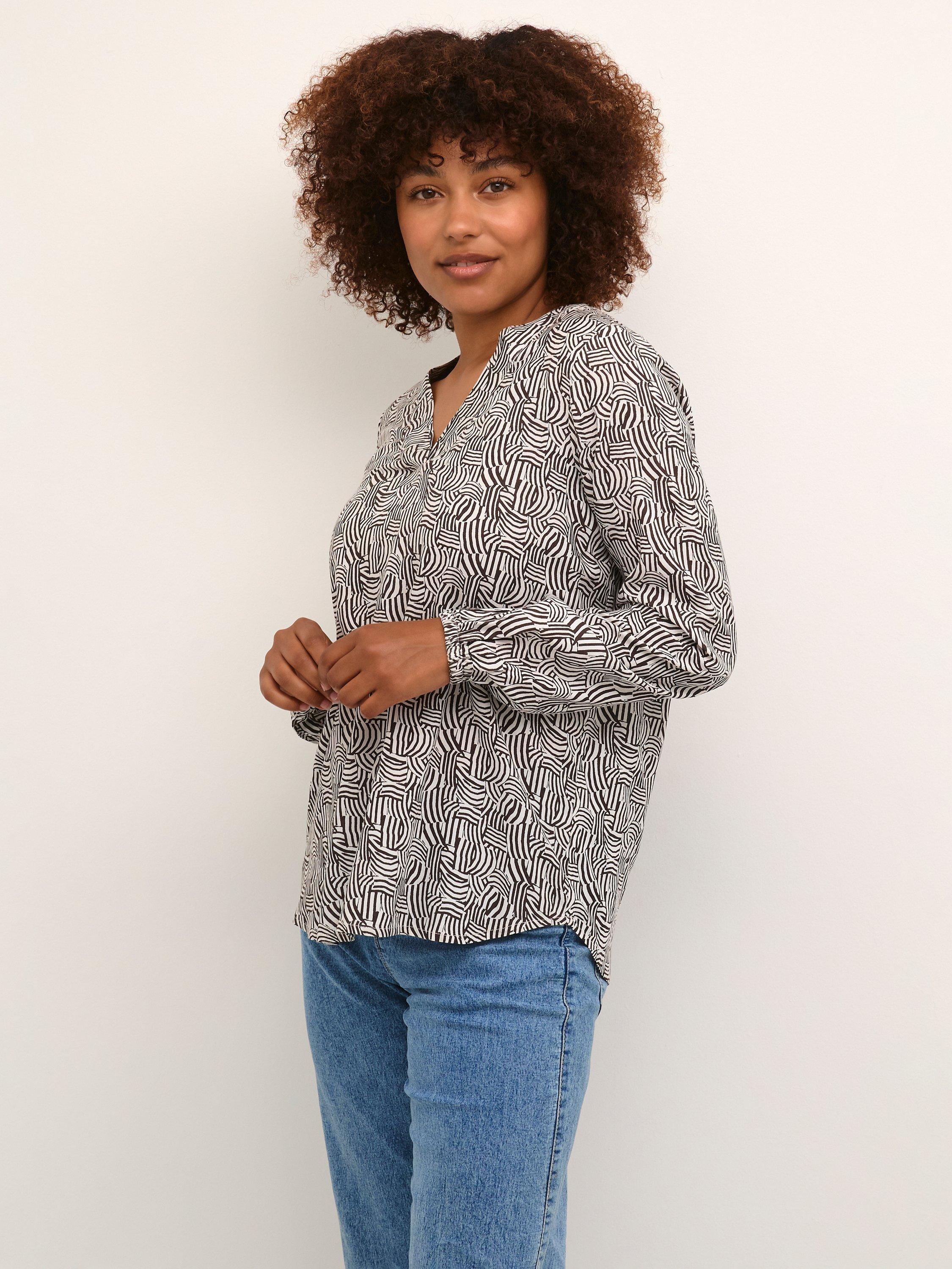KAFFE Jane V-Neck Abstract Print Blouse, Brown/Chalk