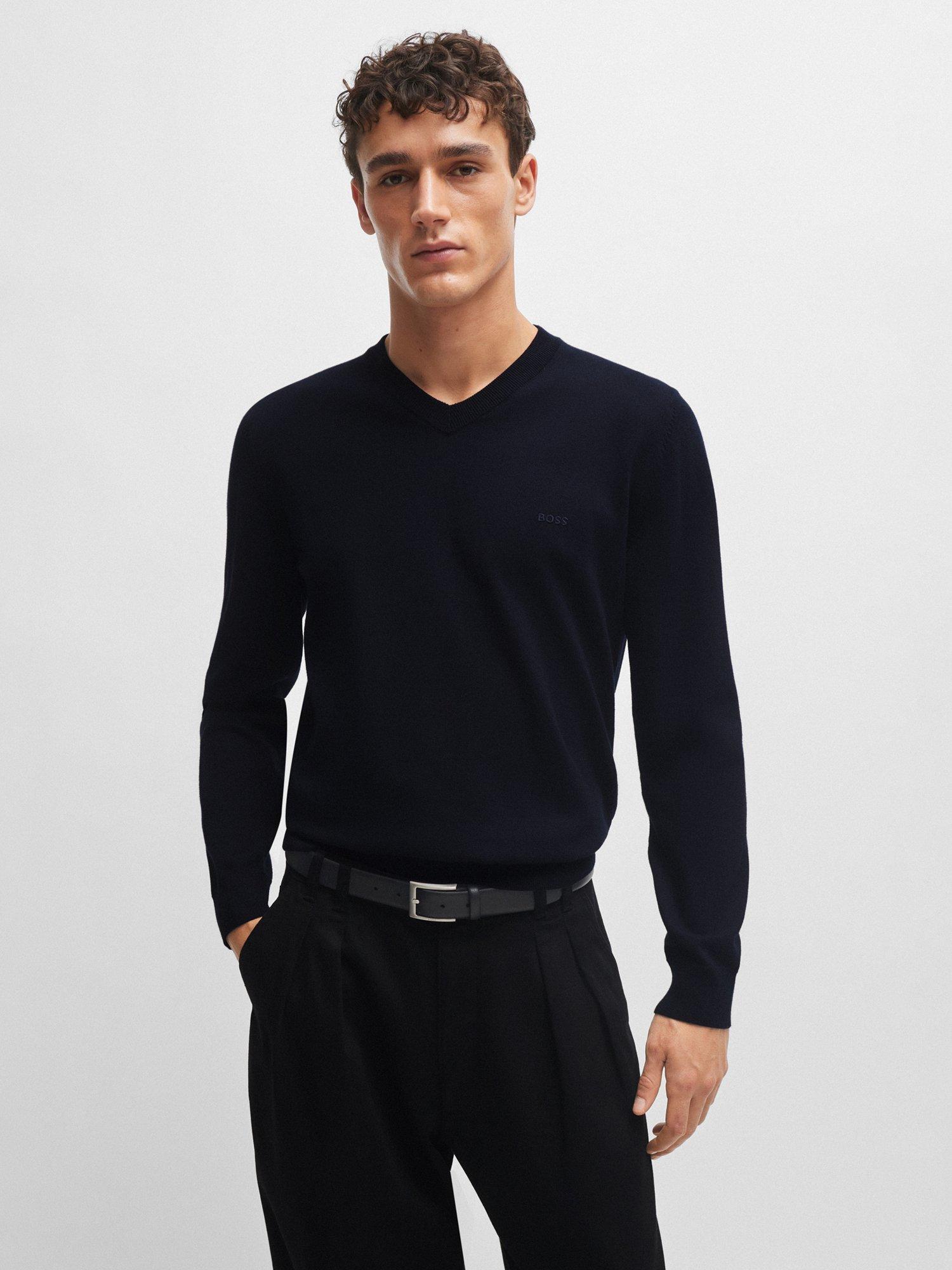 BOSS Pacello Cotton V-Neck Jumper, Navy