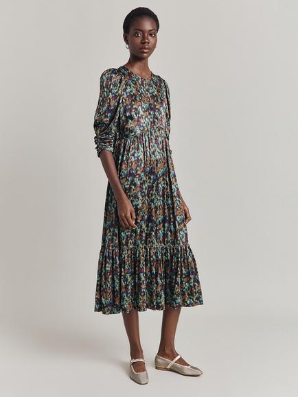 Ghost Maya Satin Abstract Print Midi Dress, Green Ikat, Green Ikat