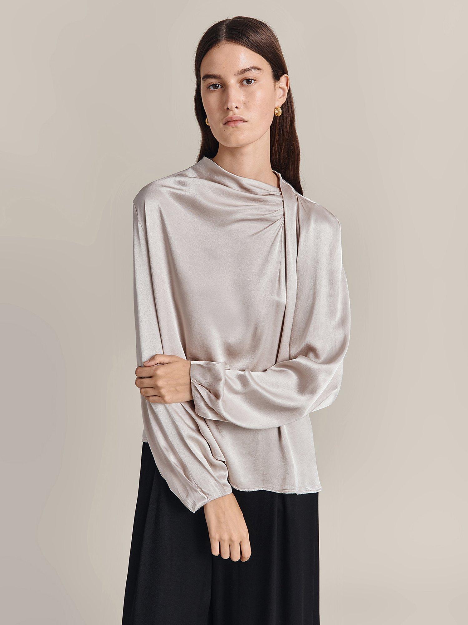 Product image 2 of 4, which shows Ghost Sienna Drape Satin Blouse, Beige, XS