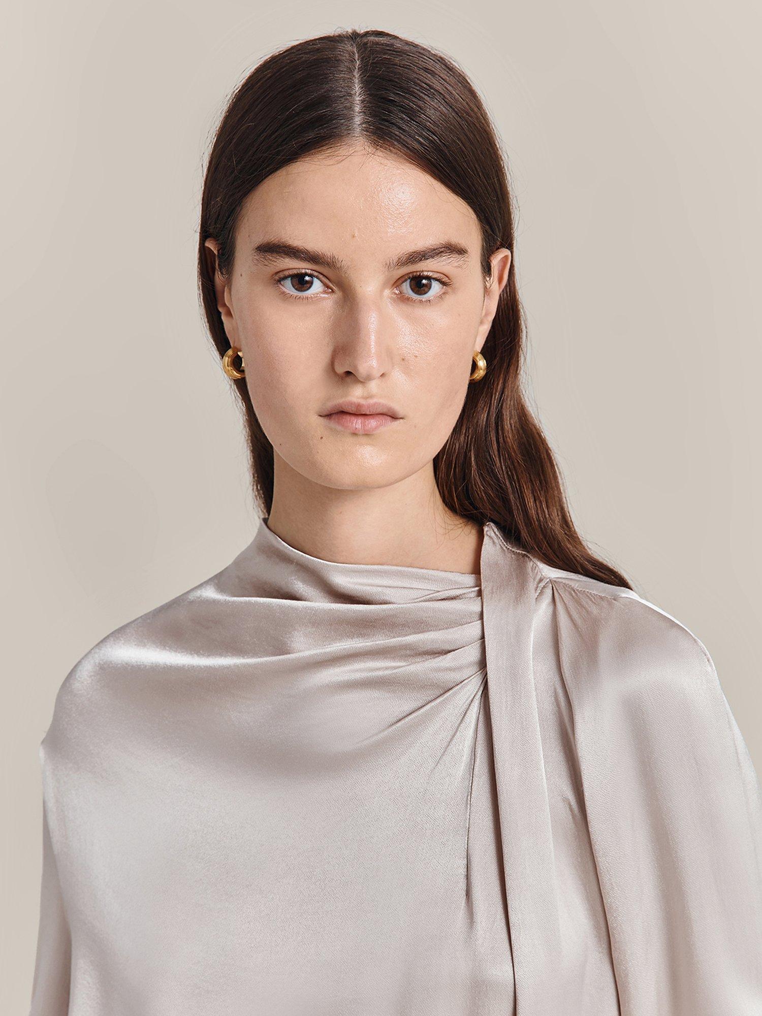 Product image 3 of 4, which shows Ghost Sienna Drape Satin Blouse, Beige, XS