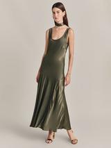 Ghost Palm Bias Cut Satin Slip Dress, Olive