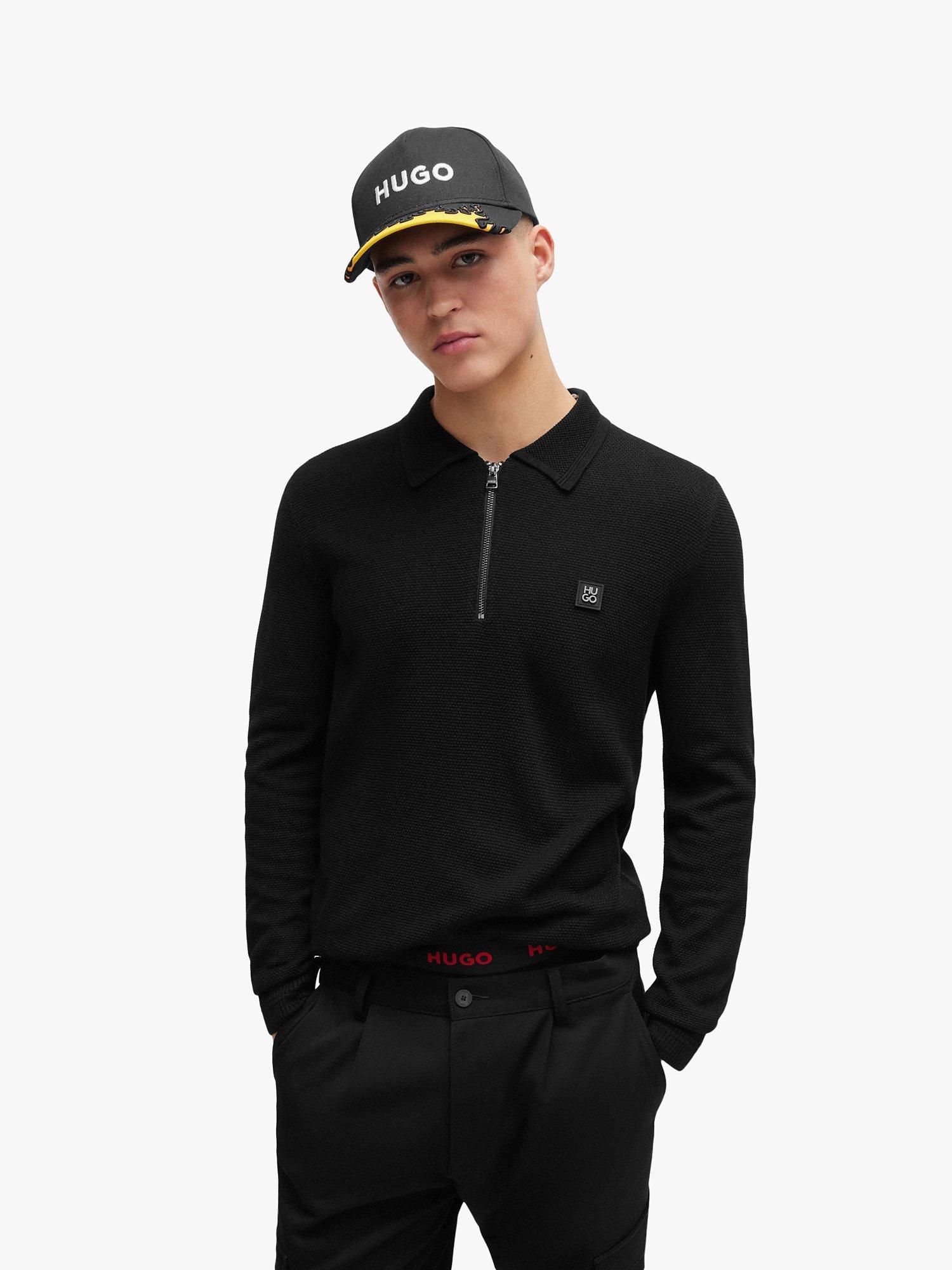 HUGO Sastor Zip Neck Knitted Polo Top Black