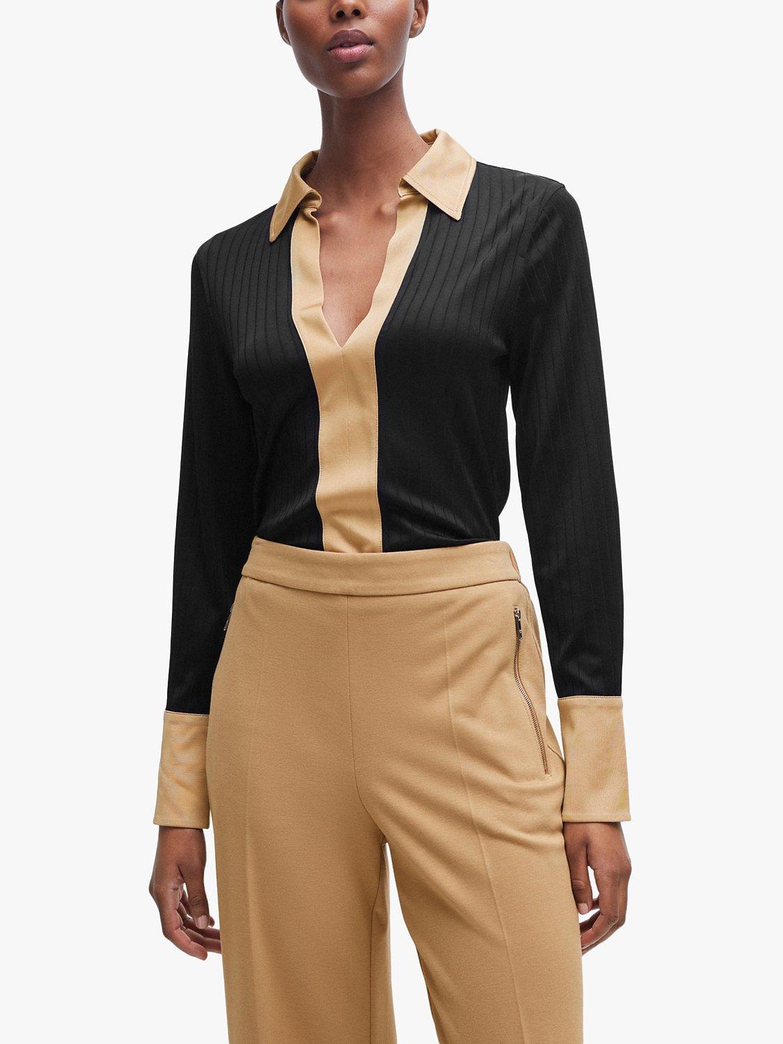 BOSS Elanty Colourblock Collared Top, Black/Camel