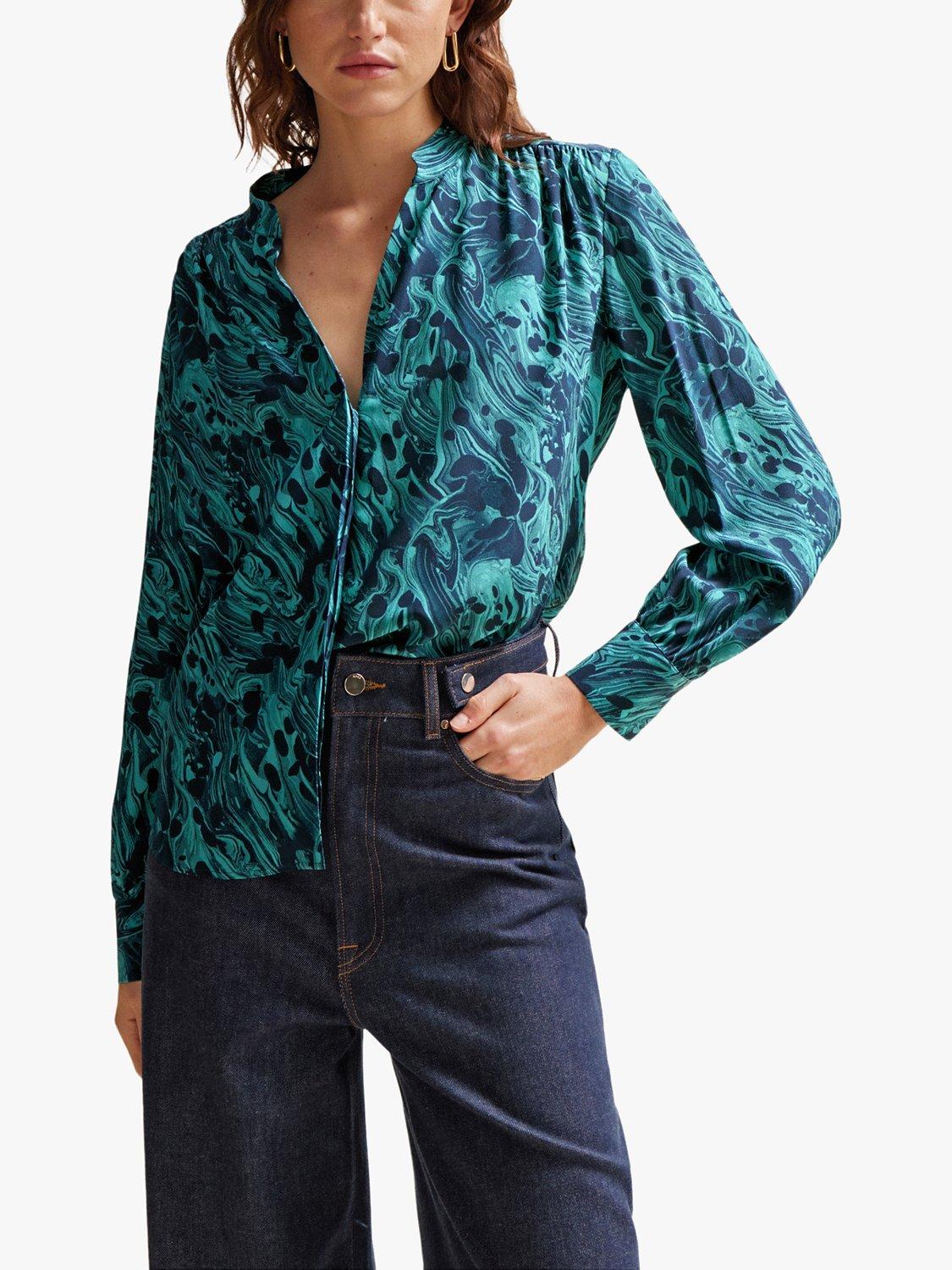BOSS Banora Abstract Print Silk Shirt, Navy/Teal