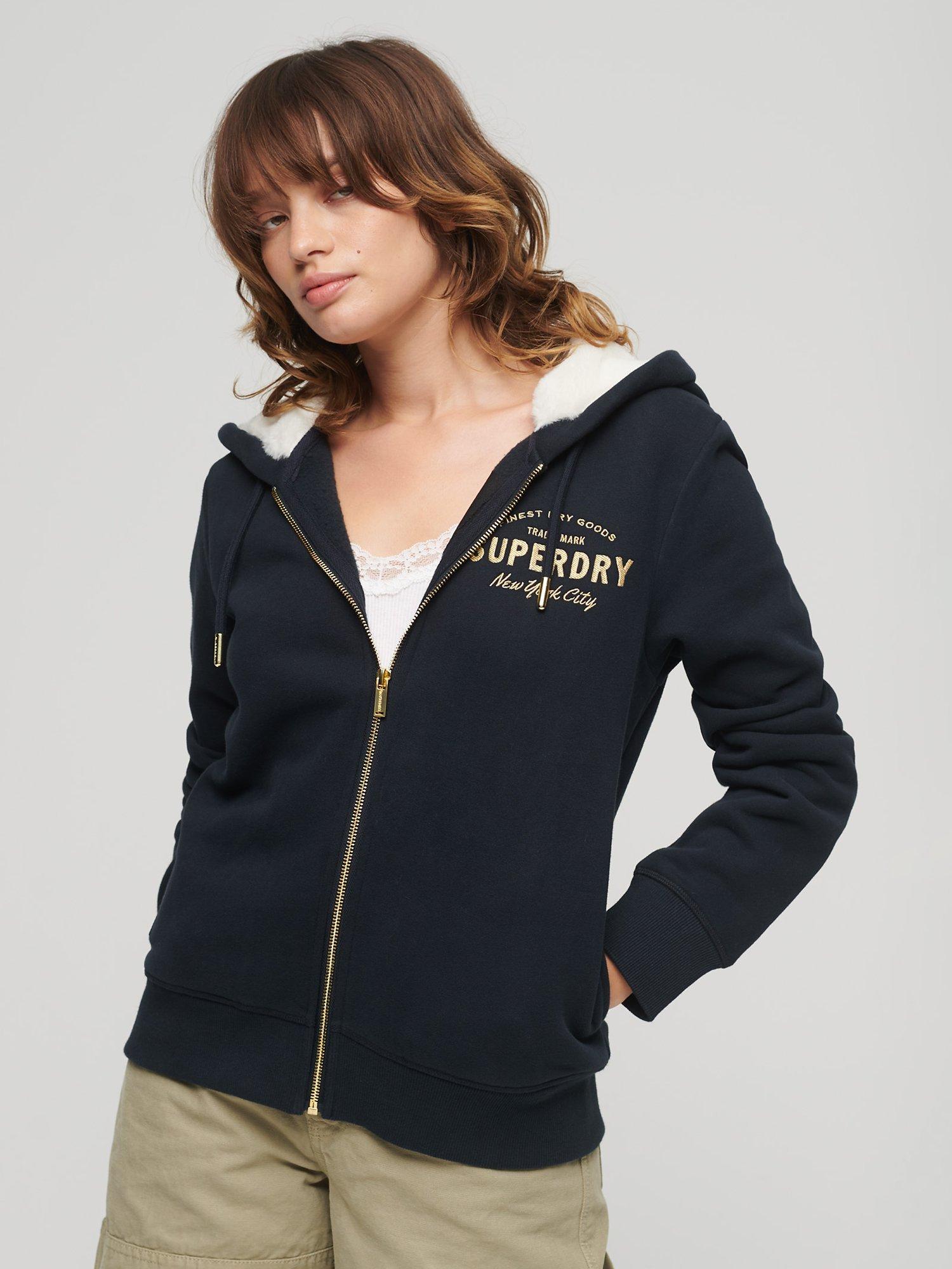 Superdry Luxe Metallic Logo Zip Front Hoodie, Eclipse Navy