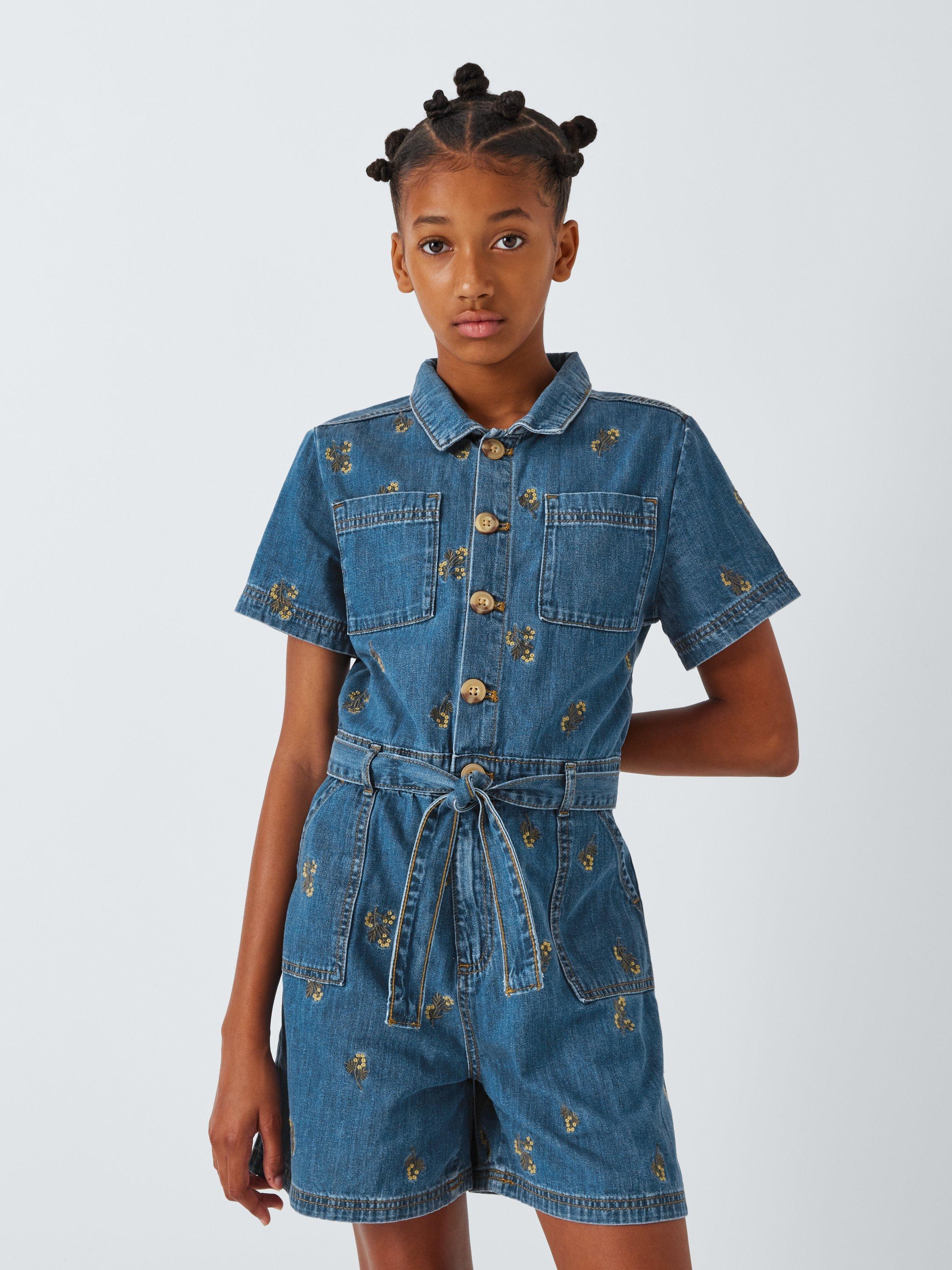 John Lewis Kids' Floral Embroidered Denim Playsuit, Denim Blue