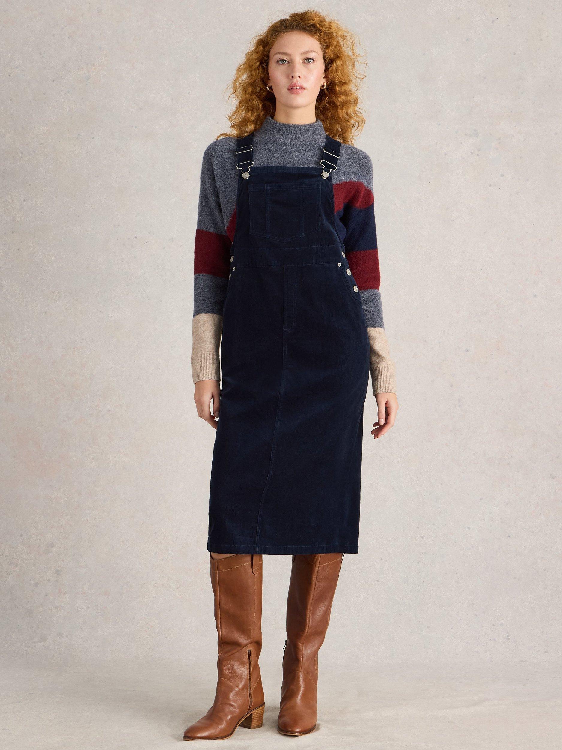 White Stuff Emmie Organic Cord Midi Pinny Dress, Navy
