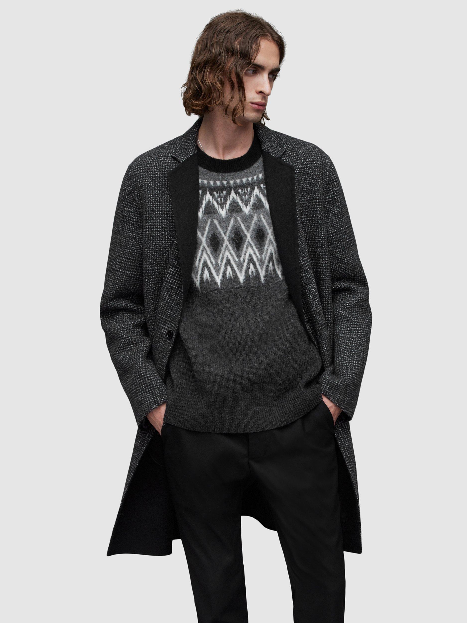 AllSaints Monroy Wool Blend Knee Length Overcoat, Black/Grey