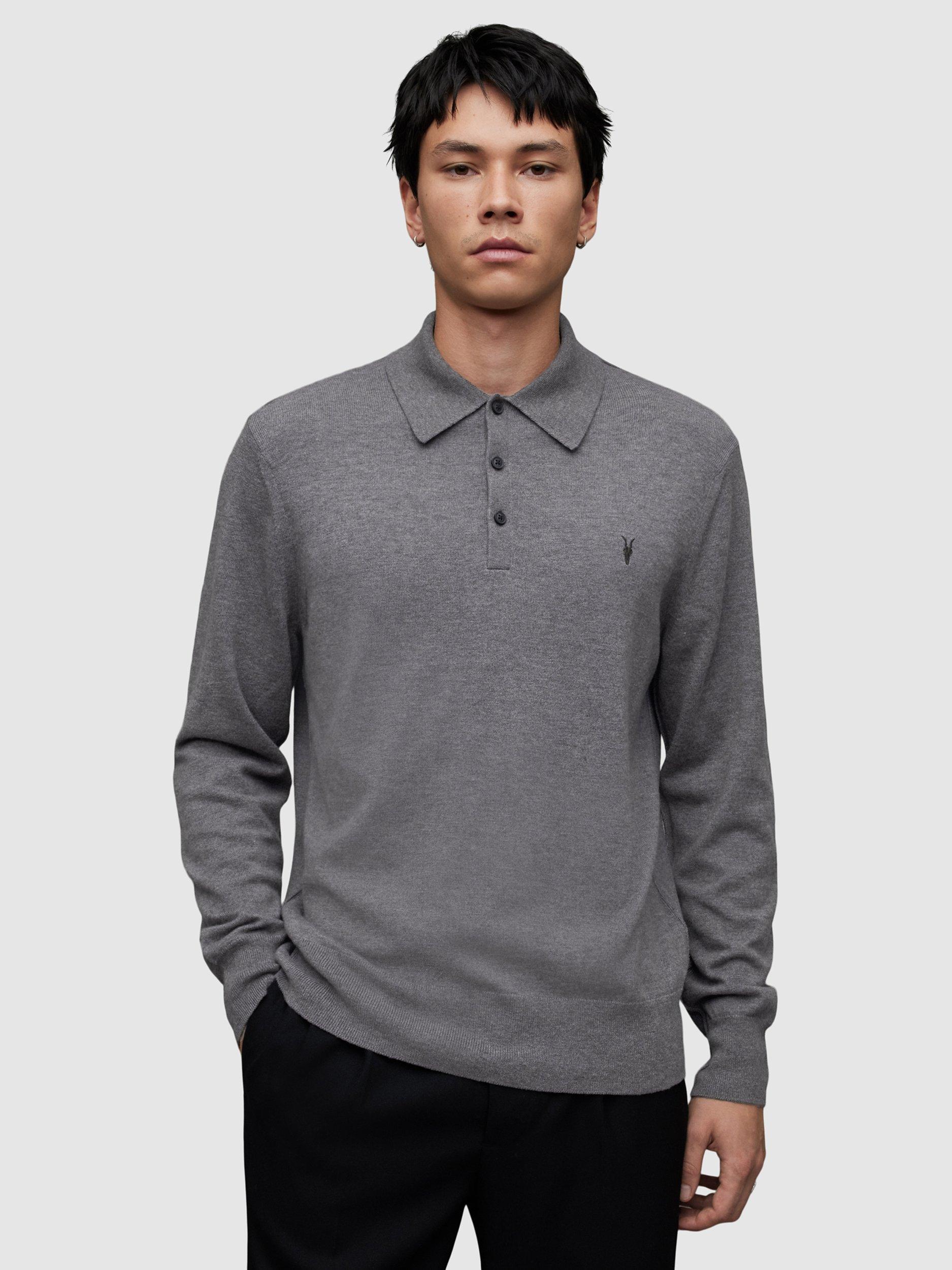 AllSaints Kilburn Wool Blend Long Sleeve Polo Top, Monument Grey Marl