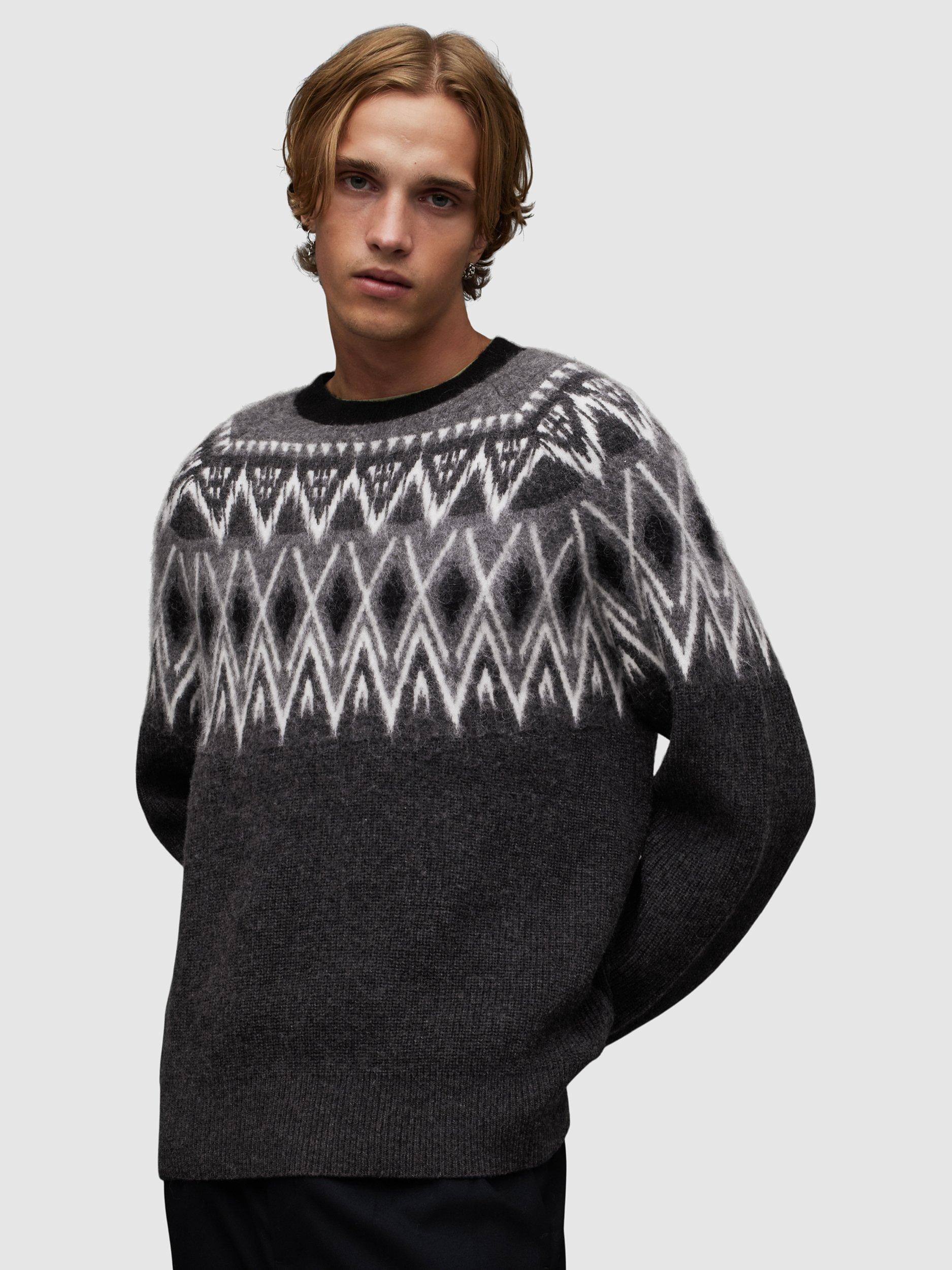 AllSaints Aces Ribbed Trim Crew Wool Jumper, Black/Charcoal