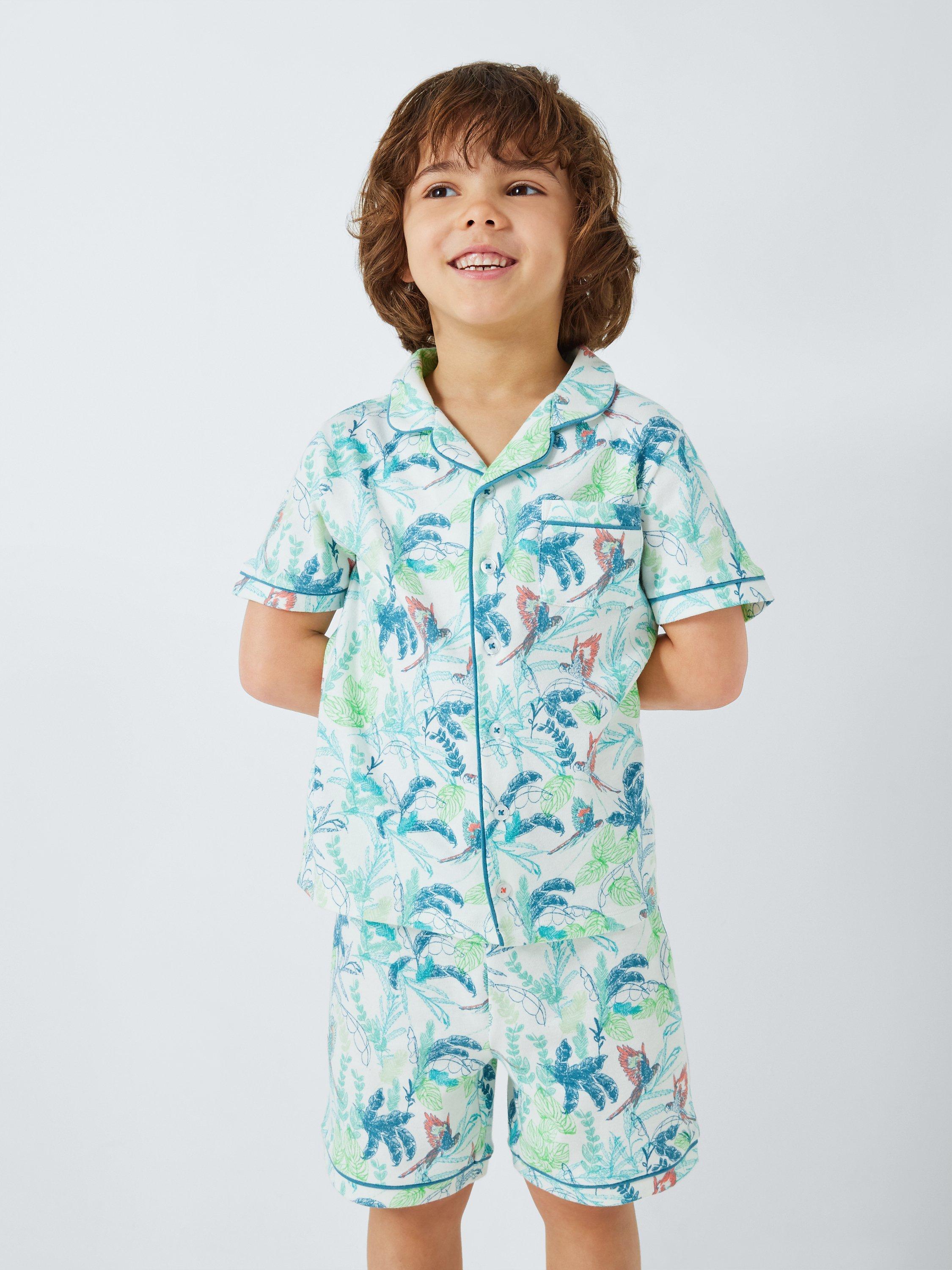 John Lewis Kids' Palm Parrot Shirt Short Pyjama Set, Green/Multi