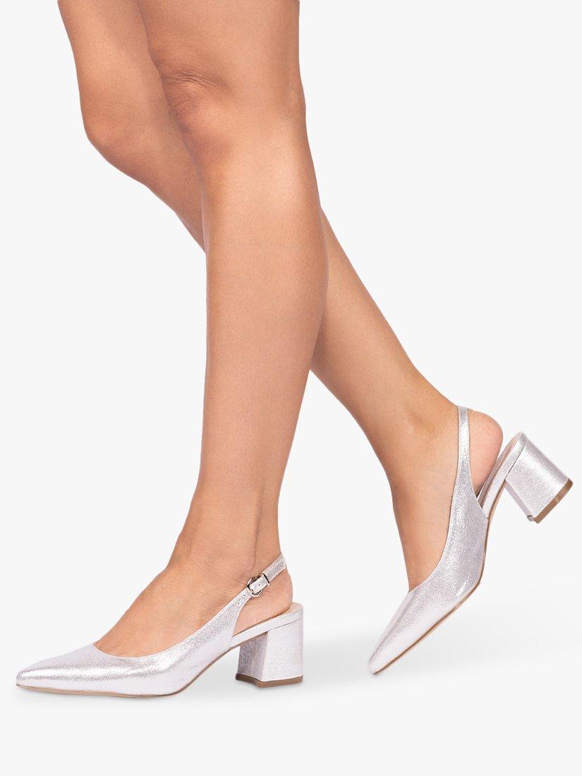 Product image 5 of 5, which shows Paradox London Flynn Wide Fit Shimmer Block Heel Slingbacks, Silver, 3W