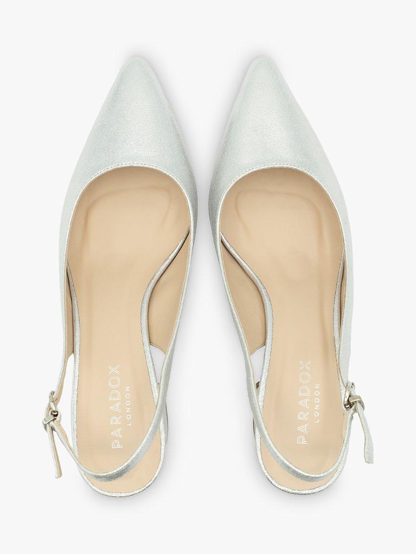 Product image 3 of 5, which shows Paradox London Flynn Wide Fit Shimmer Block Heel Slingbacks, Silver, 3W