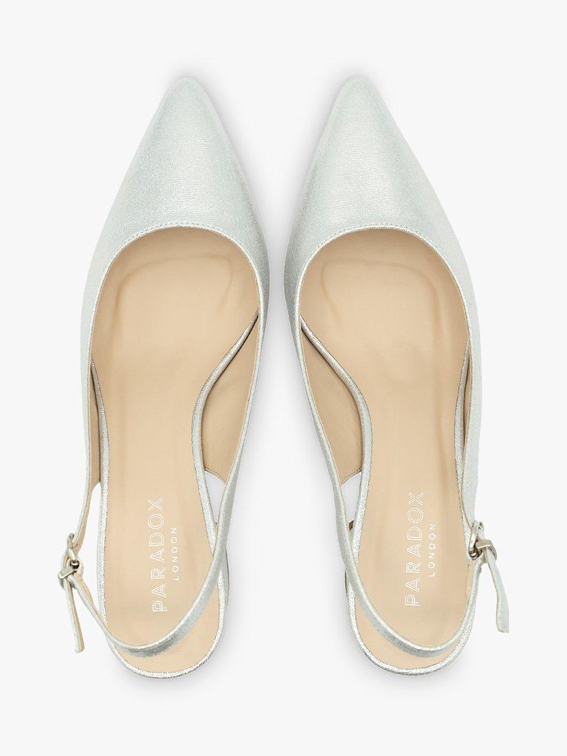 Paradox London Flynn Wide Fit Shimmer Block Heel Slingbacks, Silver, 3W