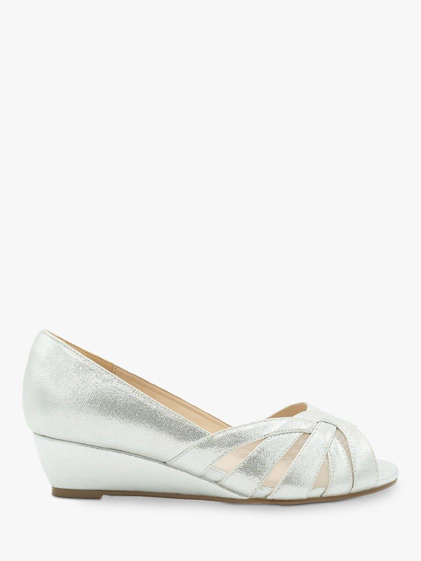 Product image 1 of 5, which shows Paradox London Judy Wide Fit Shimmer Wedge Heel Sandals, Silver, 3W
