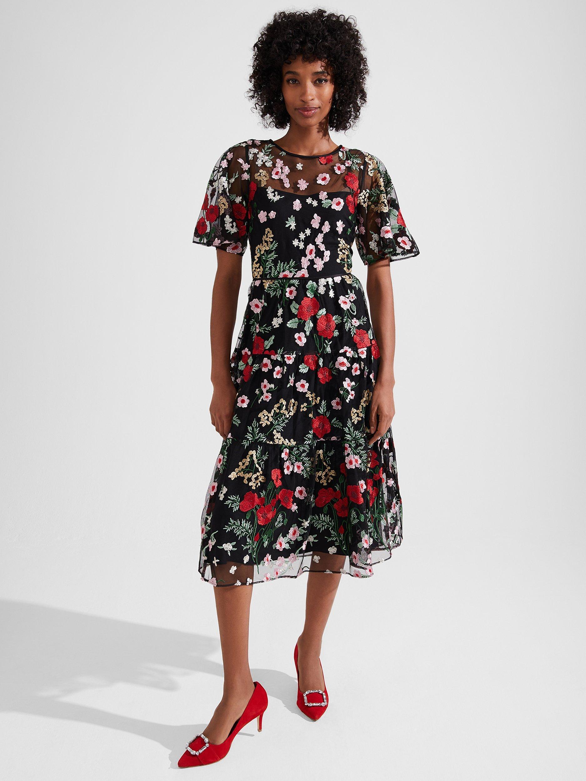Hobbs Dana Embroidered Midi Dress, Black/Multi