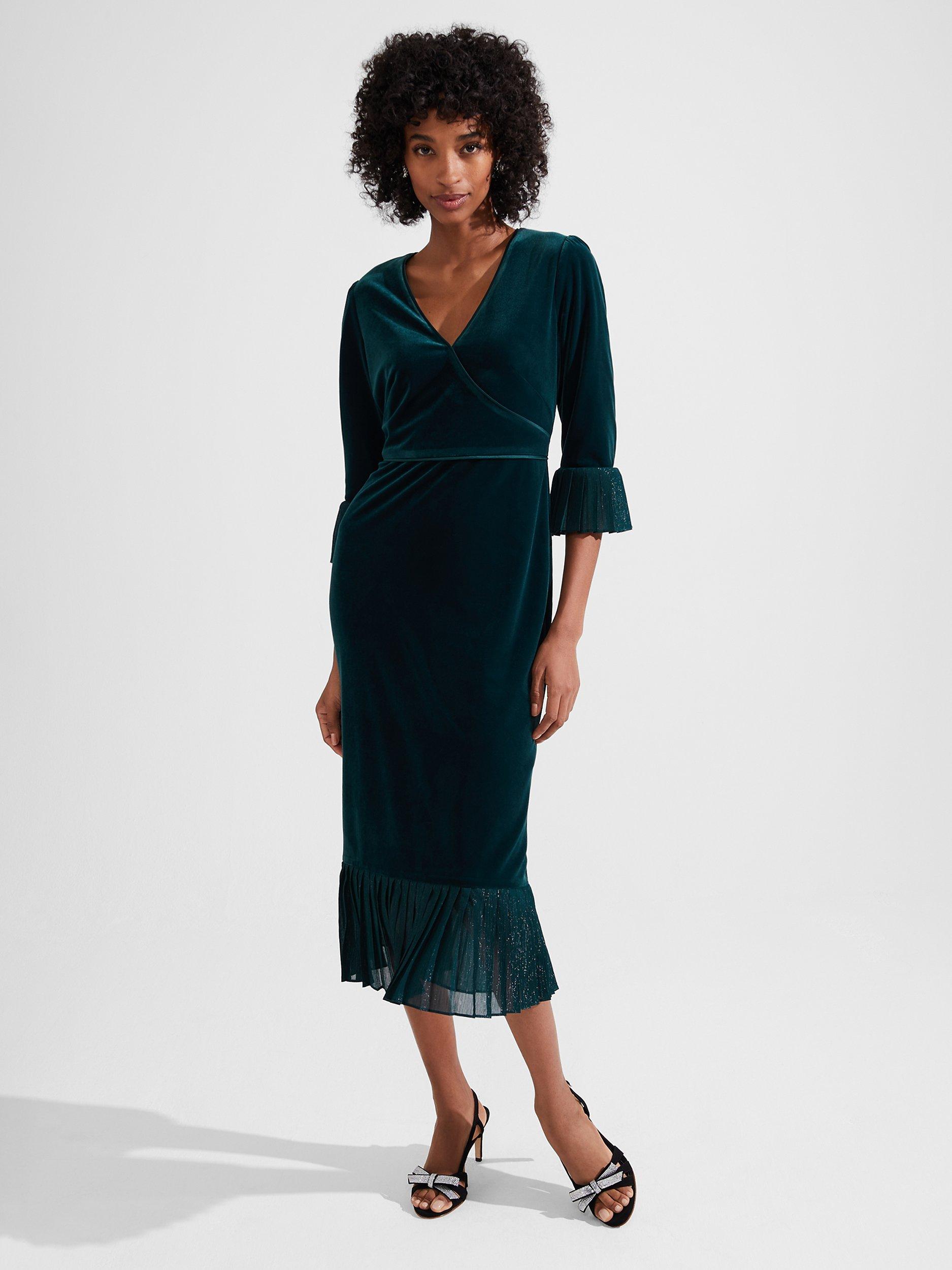 Hobbs Petite Melodie Velvet Midi Dress, Evergreen