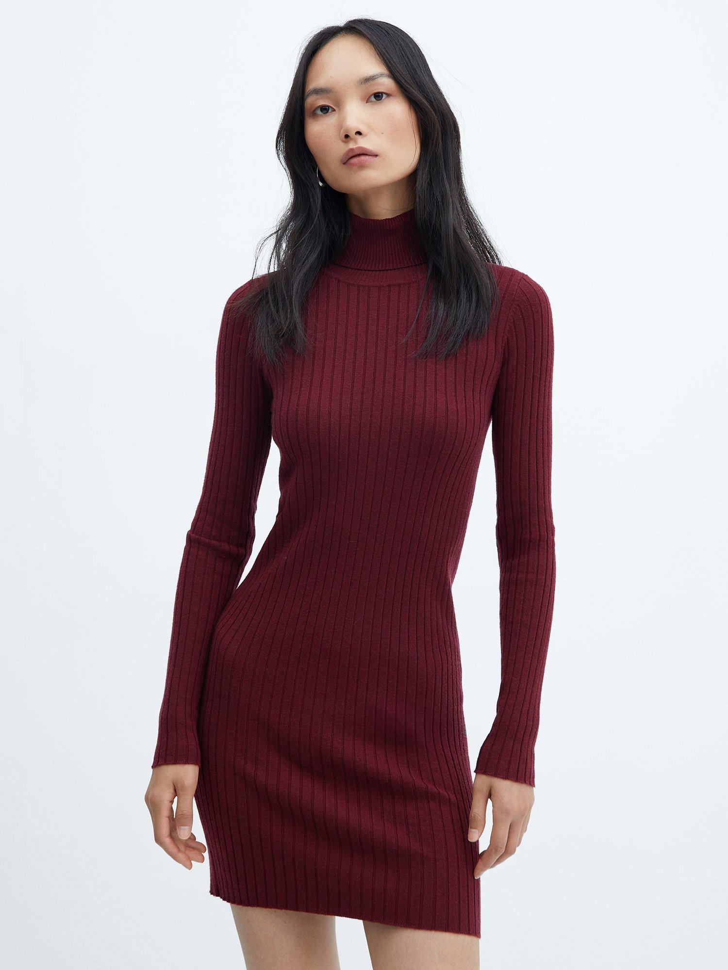 Mango Goletin Ribbed Turtleneck Dress, Dark Red