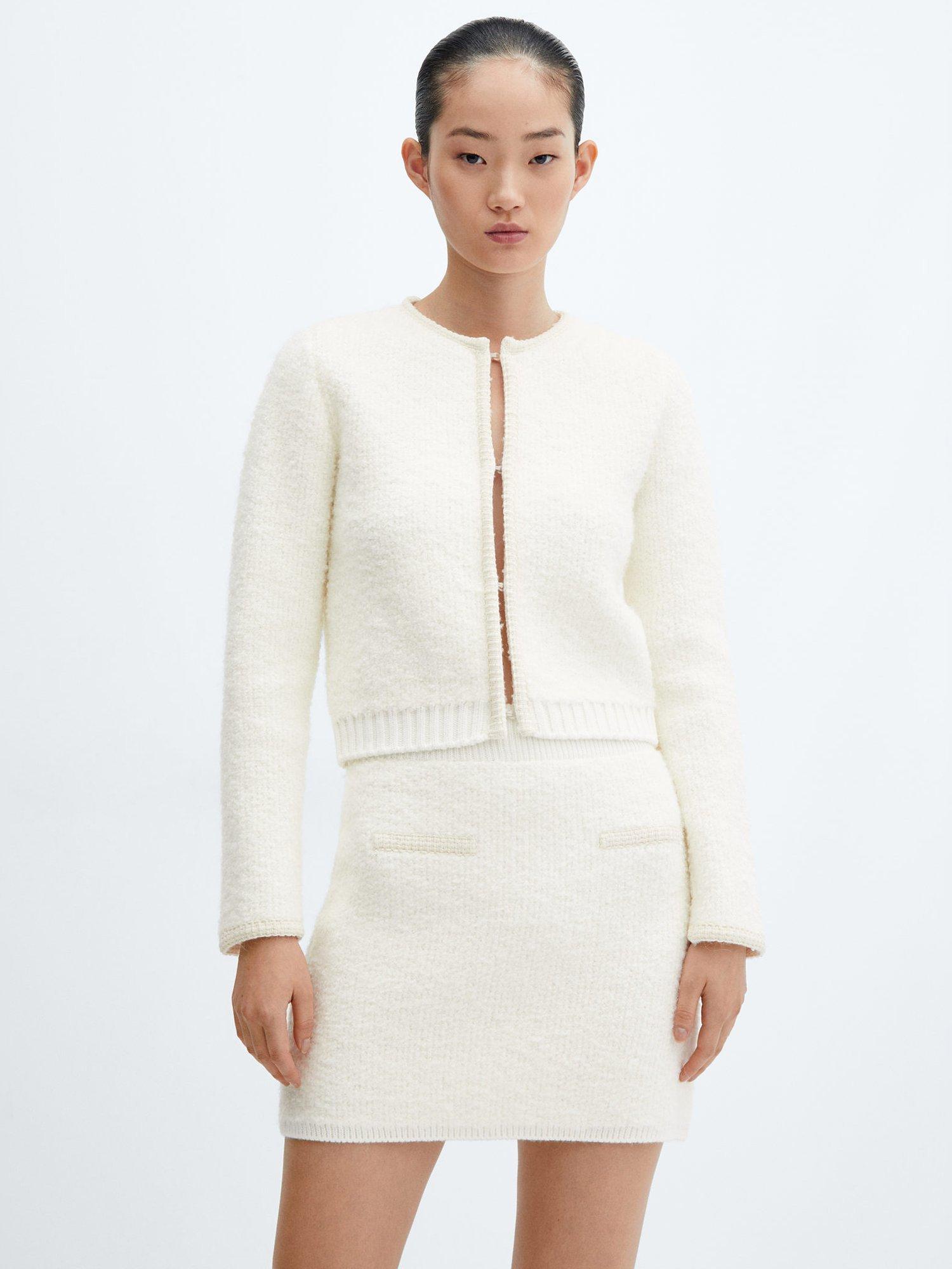 Mango Wool Blend Coco Contrast Trim Tweed Cardigan, Light Beige