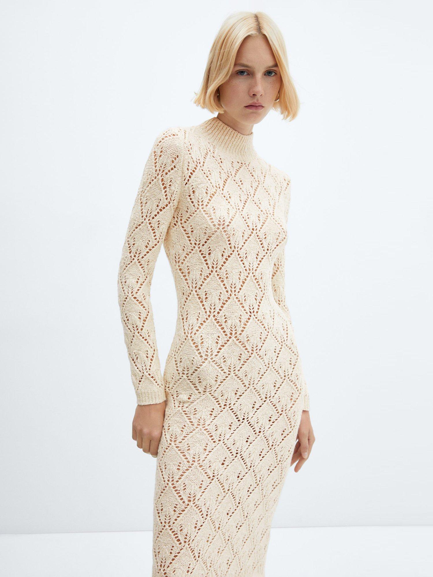 Mango Piqui High Neck Sweater Dress, Light Beige