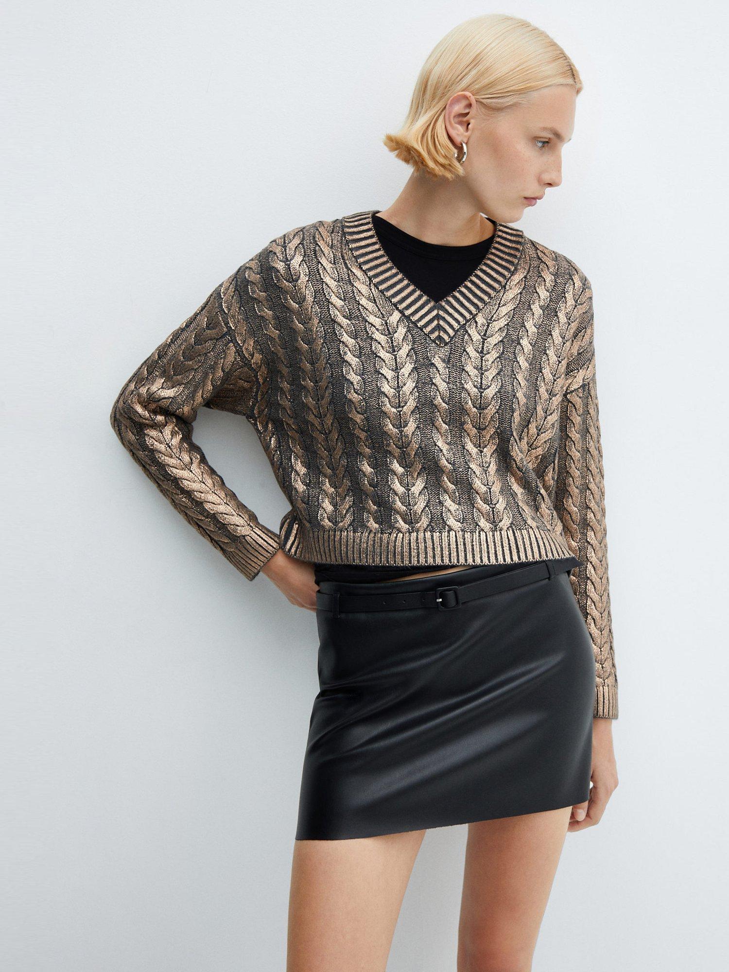 Mango Cable Knit Metallic Jumper, Copper