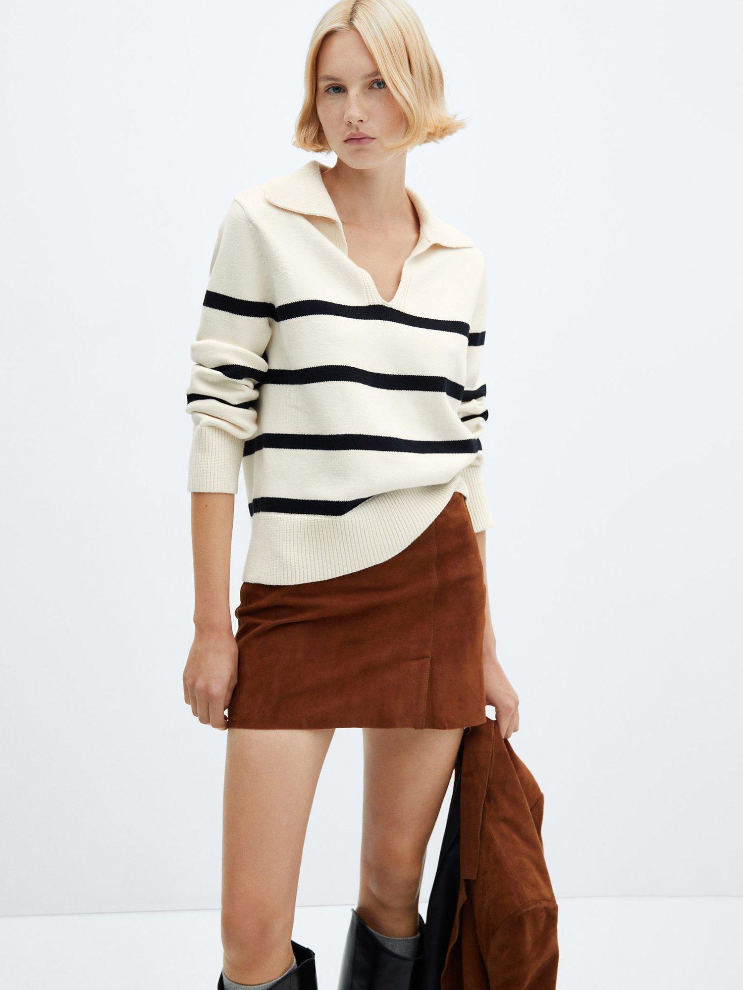 Mango Velero Striped Polo Neck Jumper, Light Beige