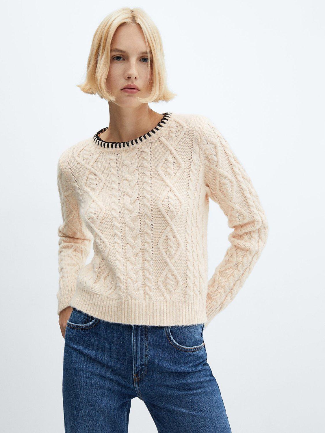 Mango Frizzly Wool Blend Cable Knit Jumper, Light Beige