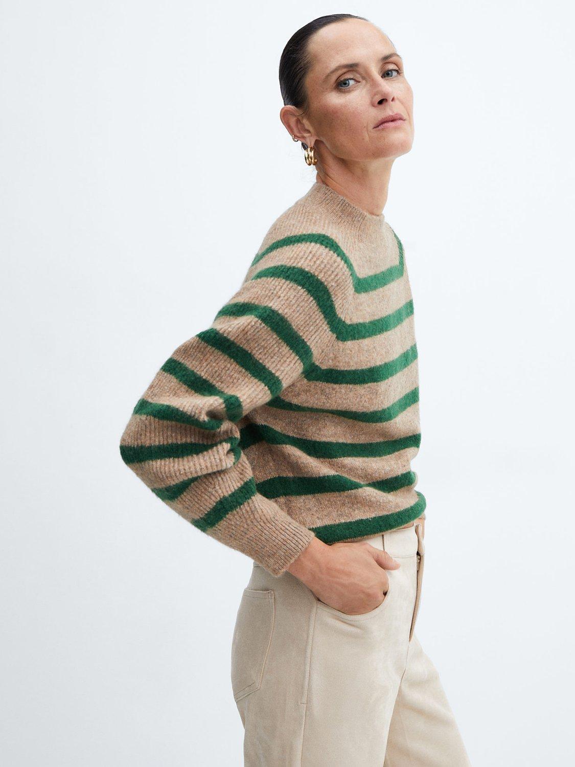 Mango Hummus Stripe Perkins Neck Jumper, Dark Green