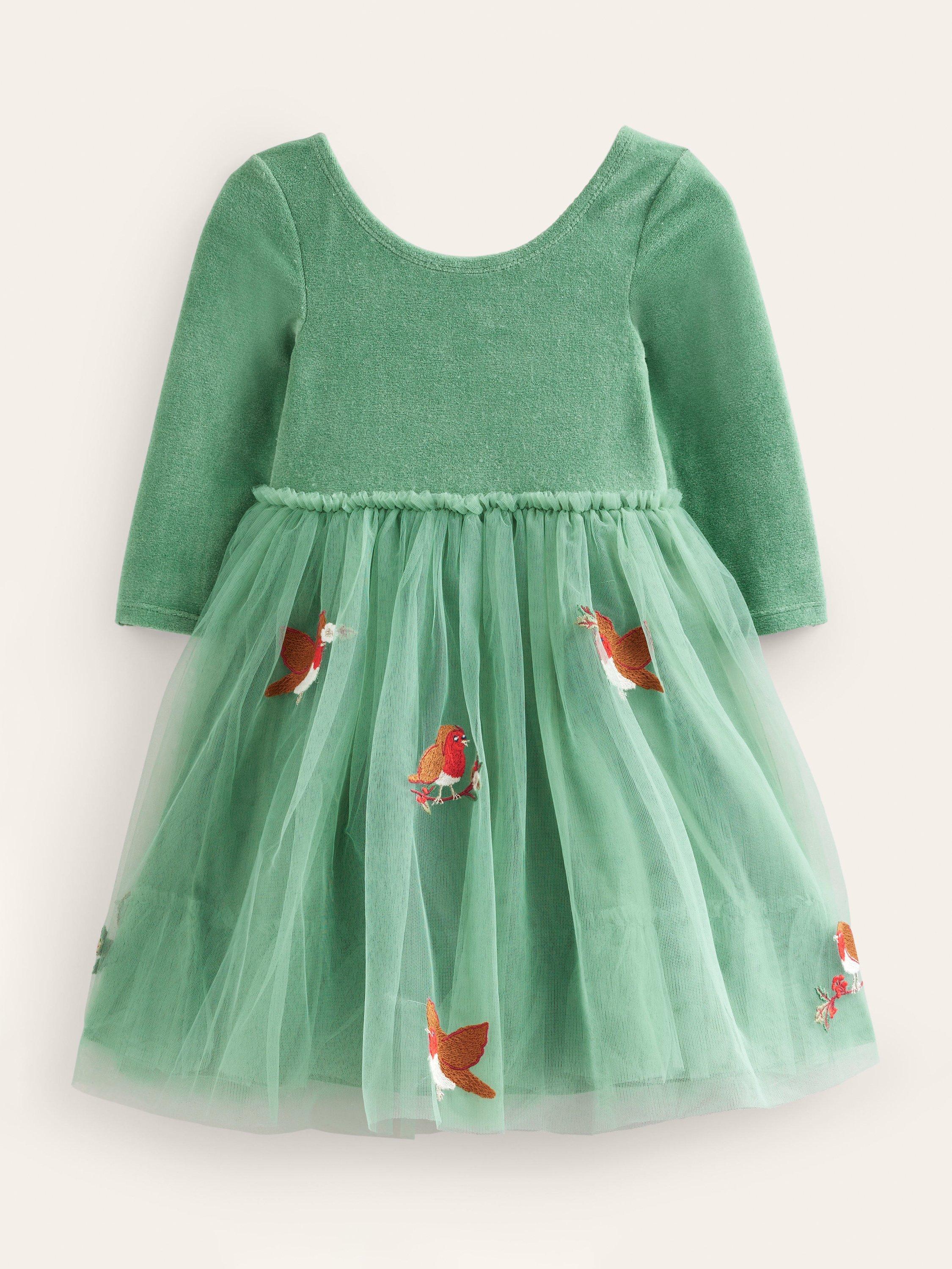 Mini Boden Kids' Festive Robins Applique Velvet Tulle Dress, Csarite Green