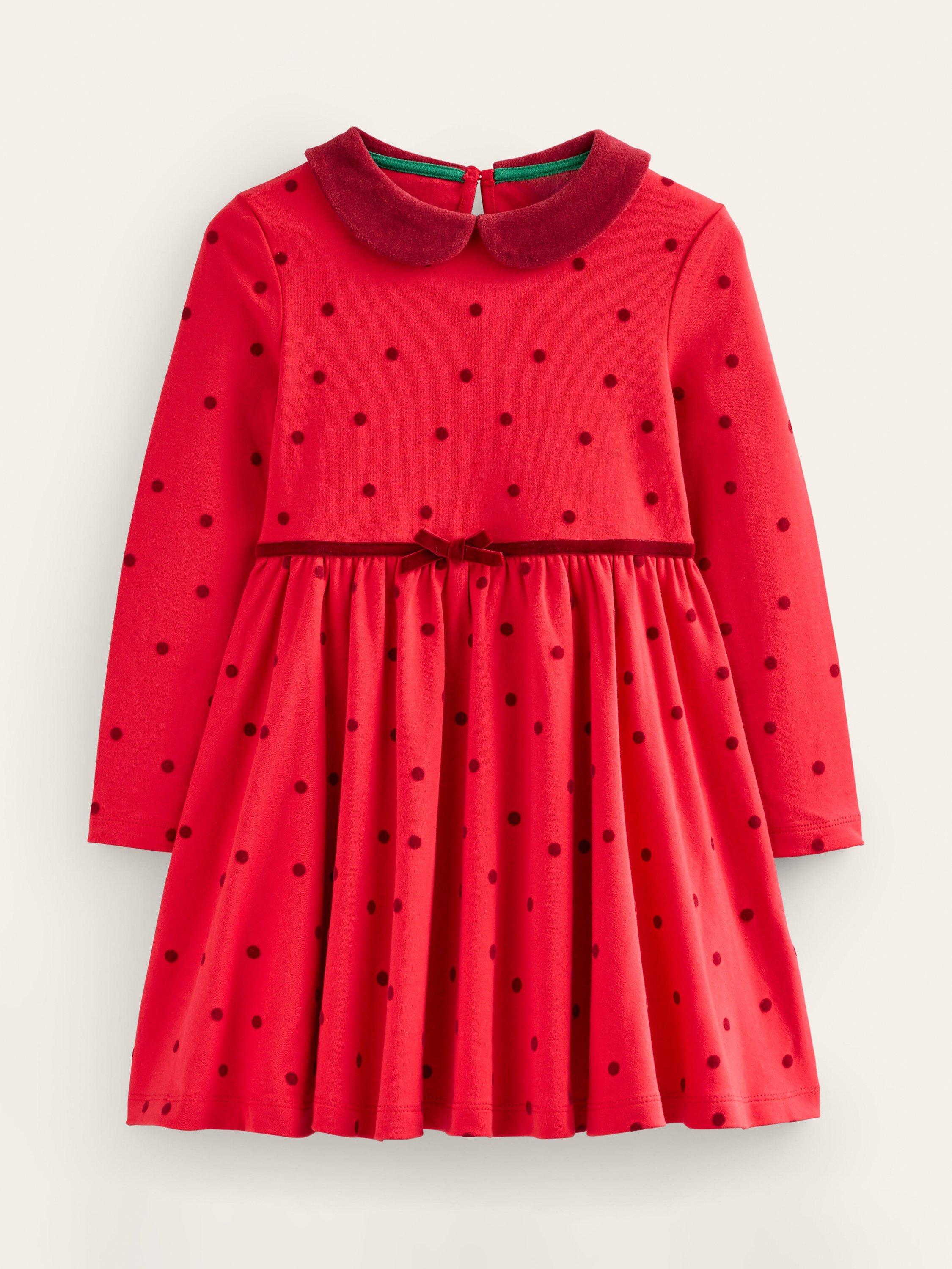 Mini Boden Kids' Velvet Collar Spot Print Twirly Dress, Rockabilly Red