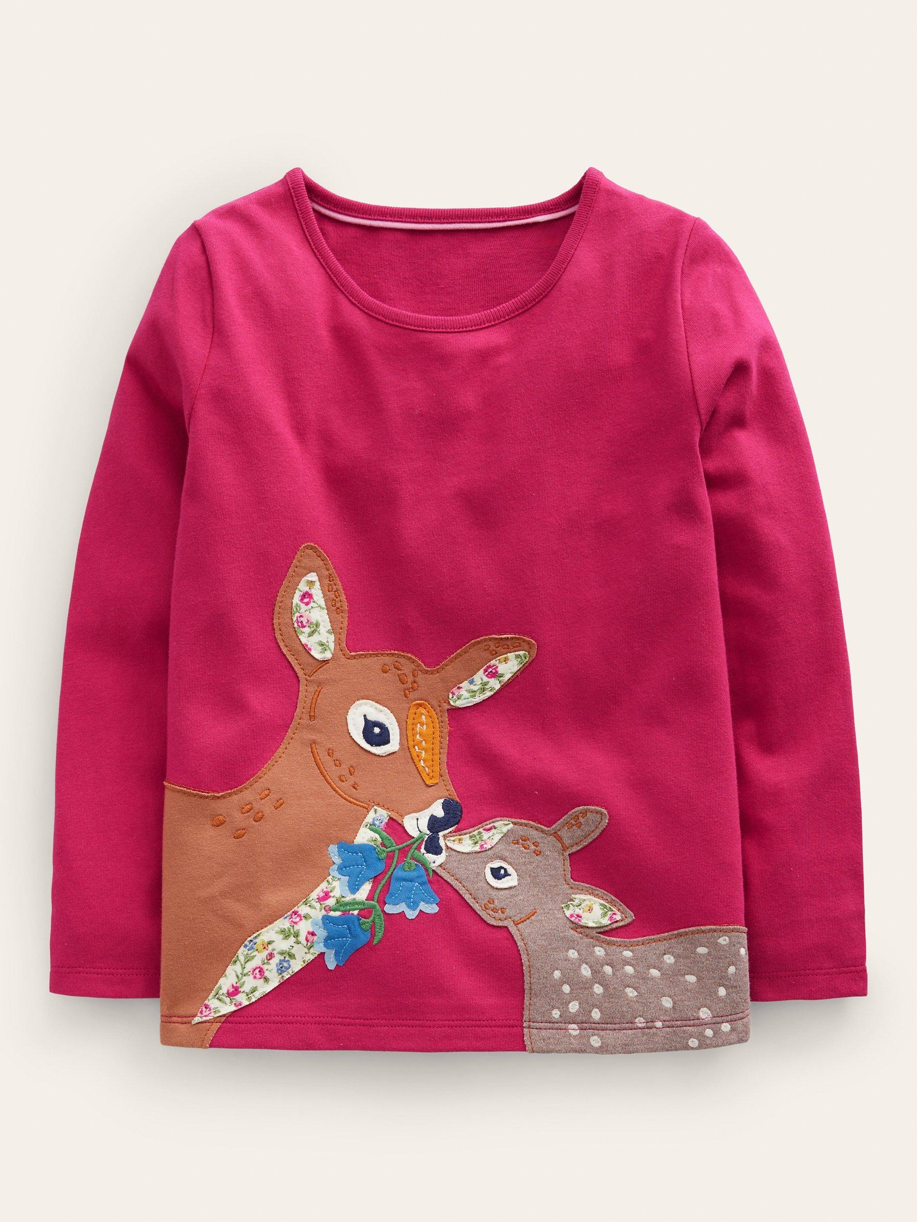 Mini Boden Kids' Penelope Deer Applique Long Sleeve Top, Pink