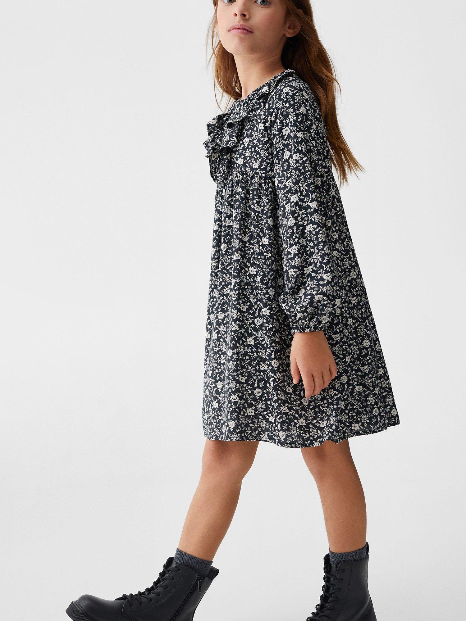 Product image 1 of 6, which shows Mango Kids' Bella Floral Print Ruffle Dress, Black, 9 years