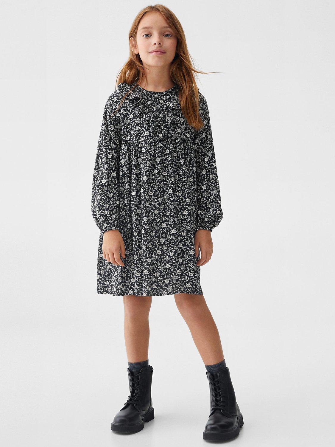 Product image 2 of 6, which shows Mango Kids' Bella Floral Print Ruffle Dress, Black, 9 years