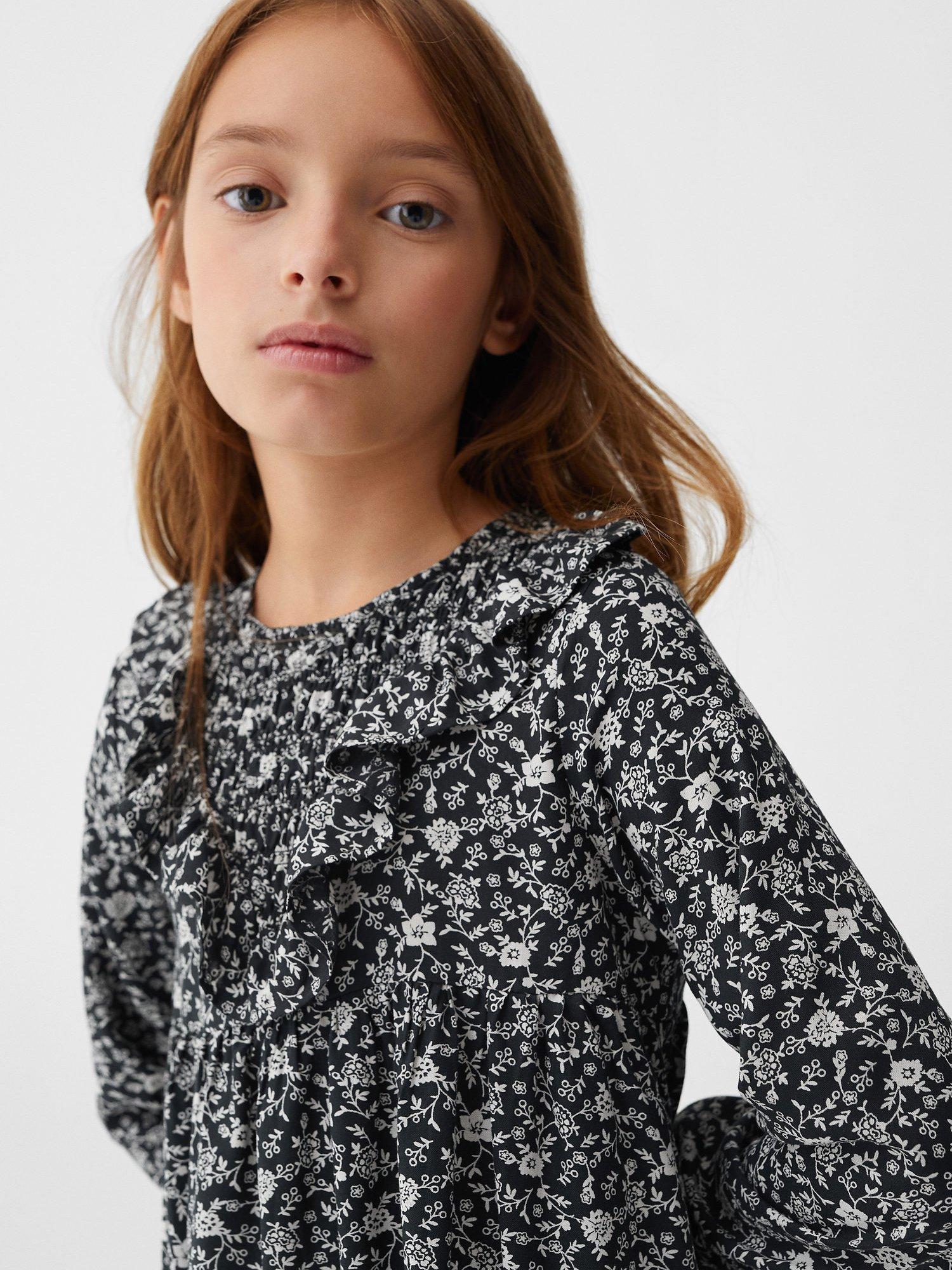 Product image 5 of 6, which shows Mango Kids' Bella Floral Print Ruffle Dress, Black, 9 years