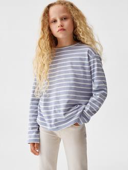 Mango Kids' Stripe Cotton Long Sleeve T-Shirt, Medium Blue, Medium Blue