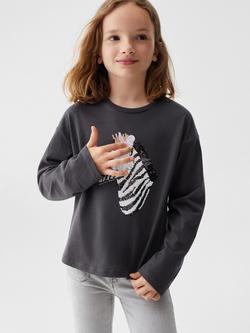 Mango Kids' Sequin Zebra Long Sleeve T-Shirt, Charcoal, Charcoal