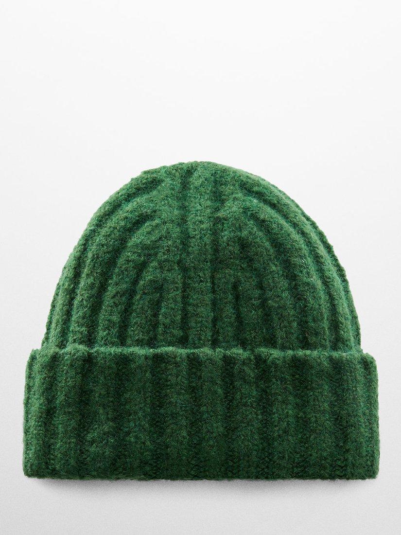 Mango Rina Ribbed Beanie Hat, Green, One Size