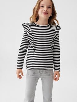 Mango Kids' Bianca Ruffle Detail Stripe T-Shirt, Black, Black