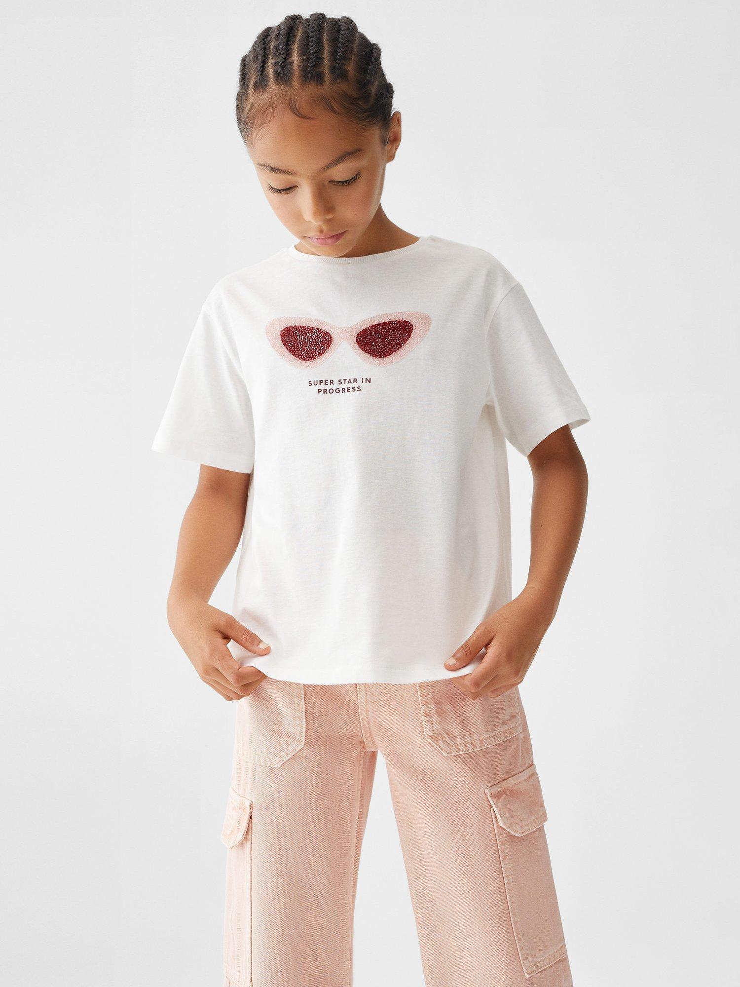 Product image 1 of 6, which shows Mango Kids' Sequin Glasses Short Sleeve T-Shirt, Natural White, 9-10 years