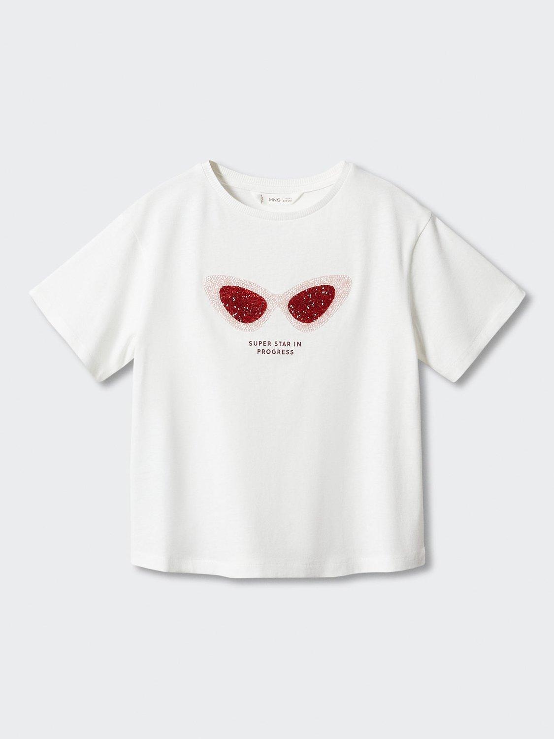 Product image 3 of 6, which shows Mango Kids' Sequin Glasses Short Sleeve T-Shirt, Natural White, 9-10 years