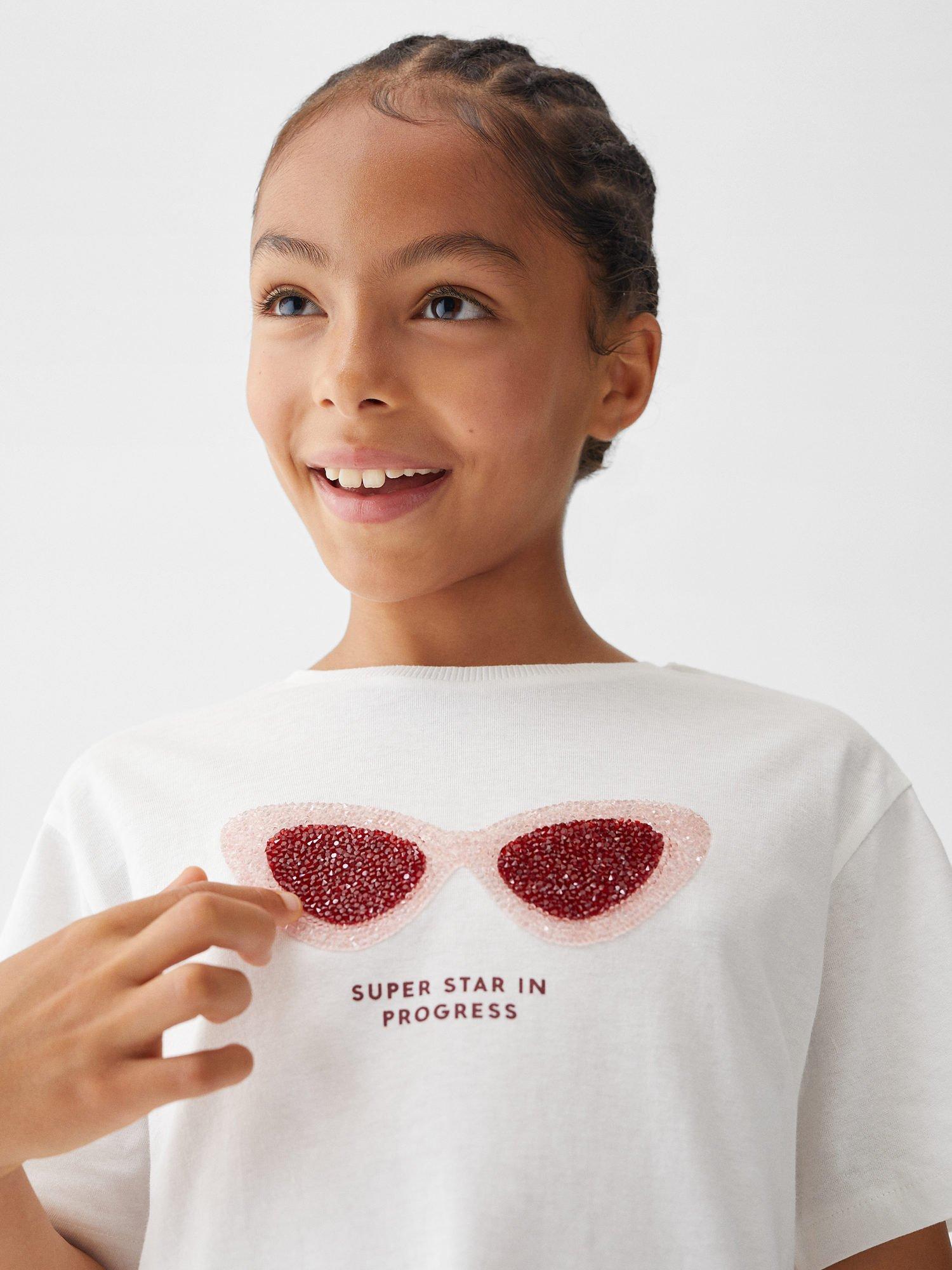 Product image 5 of 6, which shows Mango Kids' Sequin Glasses Short Sleeve T-Shirt, Natural White, 9-10 years